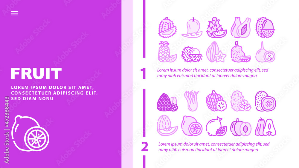 Tropical Fruit Delicious Food Landing Web Page Header Banner Template Vector. Mango And Durian, Papayas And Lychee, Pineapple And Custard Apple, Pomegranate And Kiwi Exotic Fruit Illustration Tropical Fruit Delicious Food Landing Web Page Header Banner Template Vector. Mango And Durian, Papayas And Lychee, Pineapple And Custard Apple, Pomegranate And Kiwi Exotic Fruit Illustration