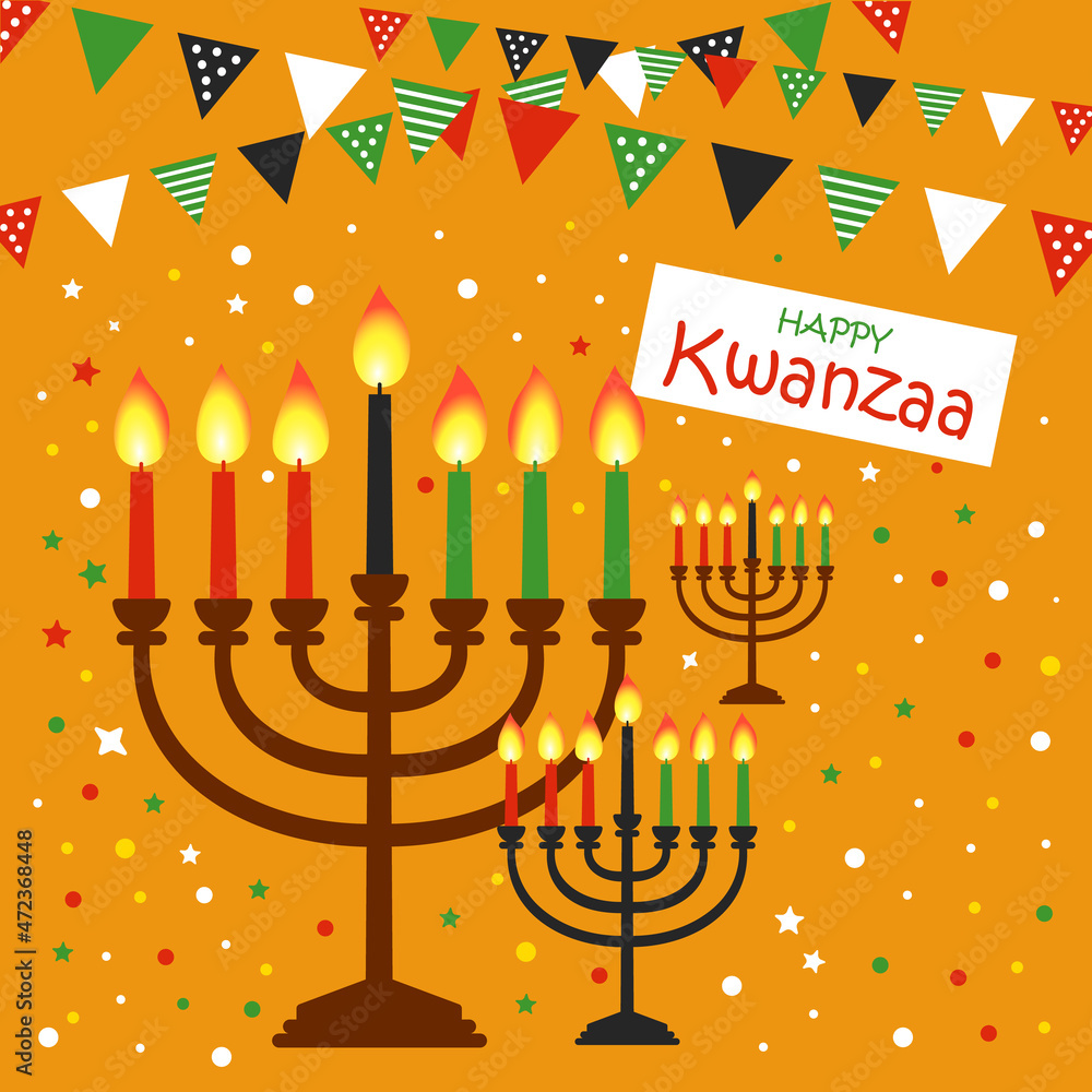 Happy Kwanzaa vector flat illustration on bright yellow background with confetti and candels. African celebration cute design card. Happy Kwanzaa vector flat illustration on bright yellow background with confetti and candels. African celebration cute design card.