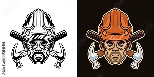 Worker man with bristle in hard hat and two crossed hammers vector illustration in two styles black on white and colorful on dark background