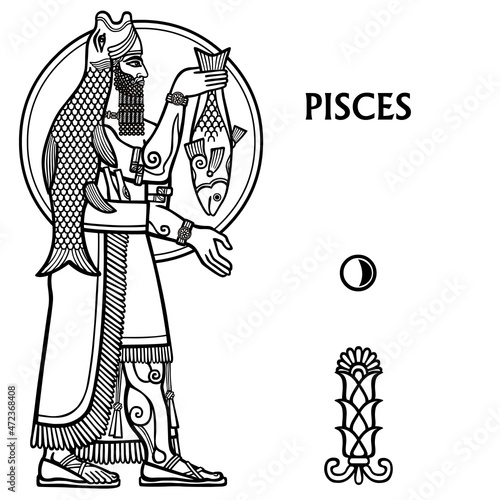 Wallpaper Mural Zodiac sign Pisces. Full growth. Vector illustration. Black and white zodiac drawing isolated on white. Motives of Sumerian art. Torontodigital.ca