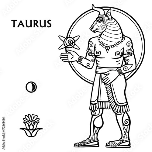 Zodiac sign Taurus. Full growth. Vector art. Black and white zodiac drawing isolated on white background.