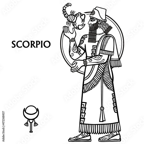 Zodiac sign Scorpio.  Full growth. Vector illustration. Black and white zodiac drawing isolated on white. Motives of Sumerian art. photo