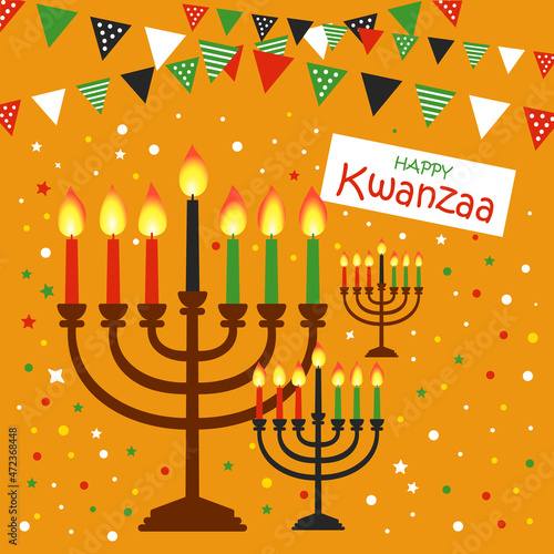 Happy Kwanzaa vector flat illustration on bright yellow background with confetti and candels. African celebration cute design card.