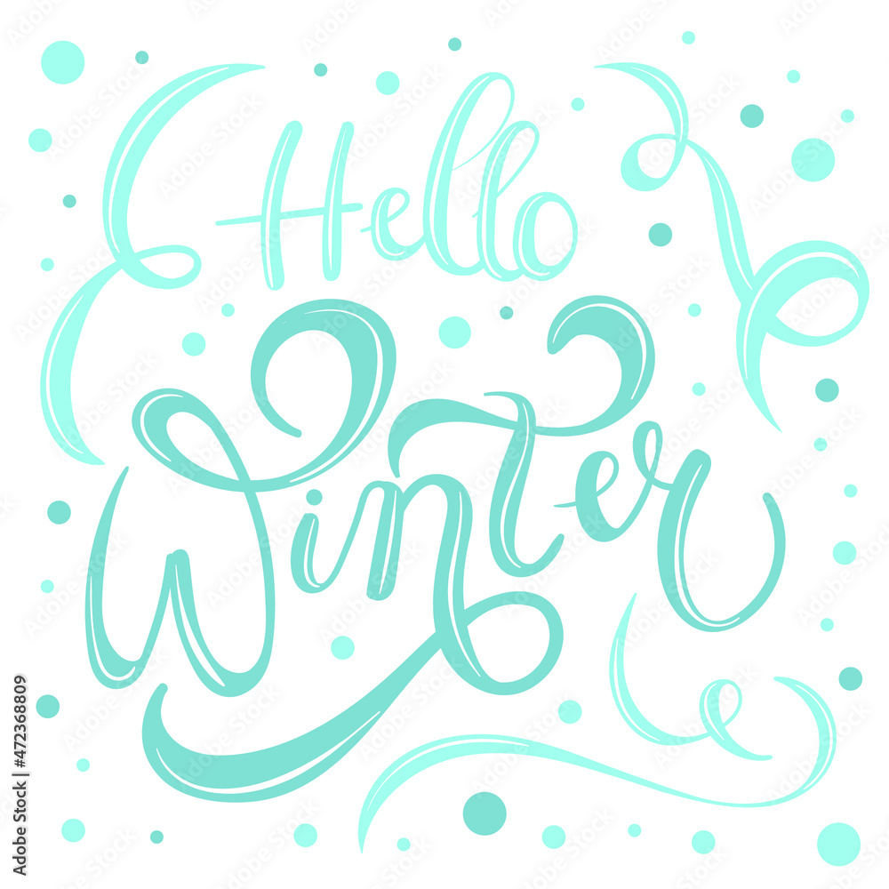 Vector Light blue lettering hello winter snow abstract banner with swirls Vector Light blue lettering hello winter snow abstract banner with swirls