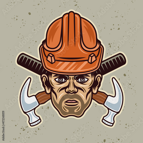 Worker man with bristle in hard hat and hammers vector illustration in colorful style on light background