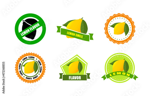 Set of round bright labels with ripe Lemon. Yellow citrus in circle