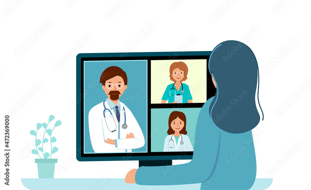 Meeting doctors online using computer. Call doctor using media platform