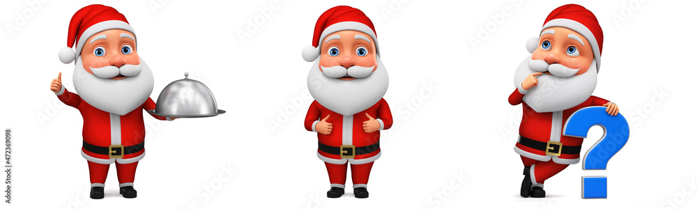 Santa Claus and a question mark. Santa Claus and a tray. Santa shows two thumbs up. 3d render illustration. Santa Claus and a question mark. Santa Claus and a tray. Santa shows two thumbs up. 3d render illustration.