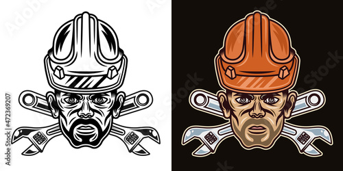 Head worker with bristle in hard hat and two crossed adjustable wrenches vector illustration in two styles black on white and colorful on dark background