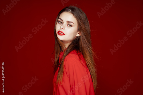 beautiful woman hairstyle makeup red shirt model