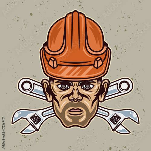 Head of worker with bristle in hard hat and two crossed adjustable wrenches vector illustration in colorful cartoon style isolated on light background