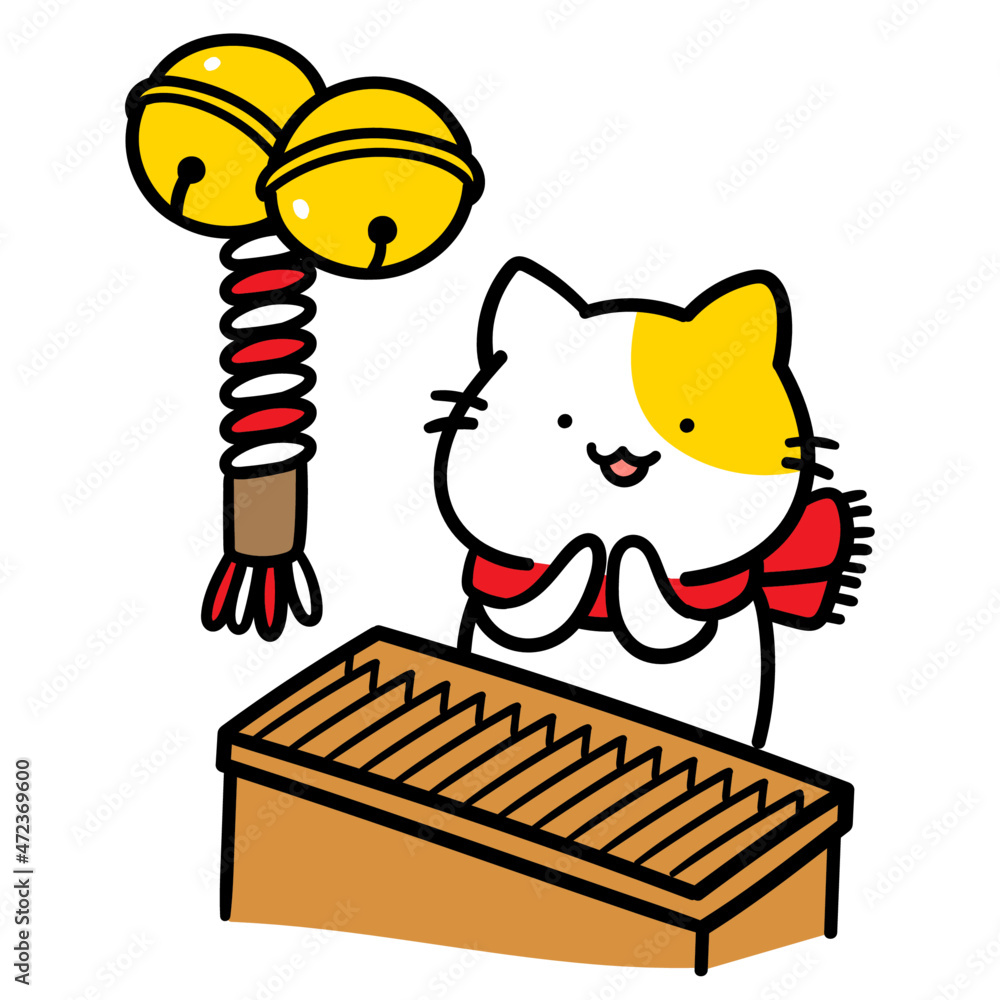 初詣に来たかわいいねこのキャラクターの手書き風イラスト Stock Vector Adobe Stock