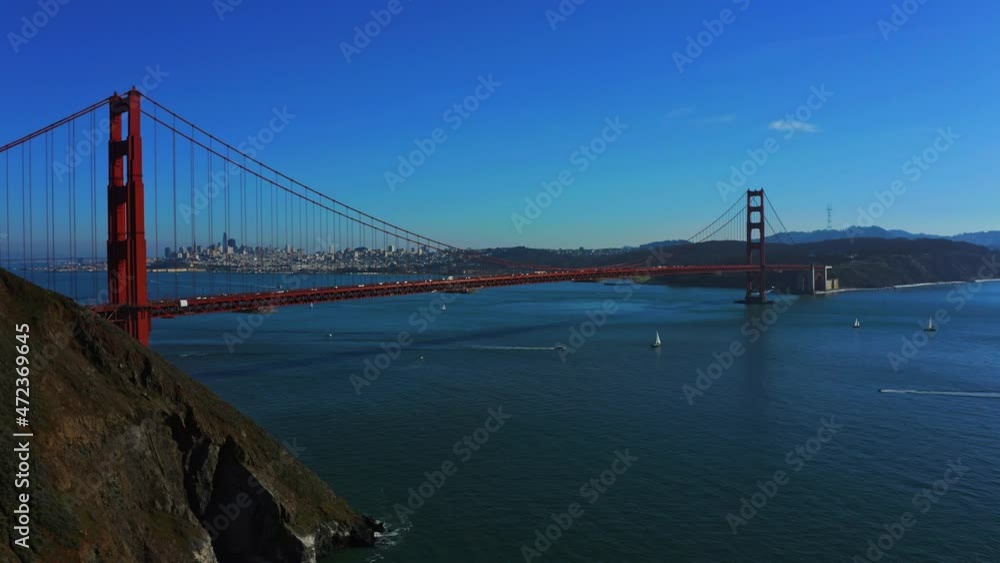 Aerial reveal of Golden Gate Bridge and San Francsico