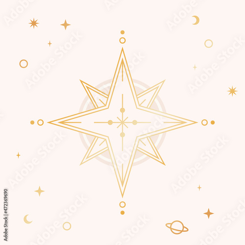 Gold wind rose compass, outline logotype. Tarot design, esoteric navigation. Vector illustration.