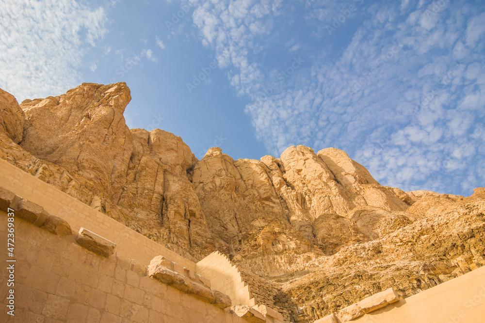 The rocks near the temple of Queen Hatshepsut on the west bank of the Nile near the Valley of the Kings in Luxor, Egypt.
