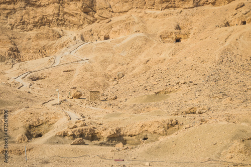 The rocks near the temple of Queen Hatshepsut on the west bank of the Nile near the Valley of the Kings in Luxor, Egypt.