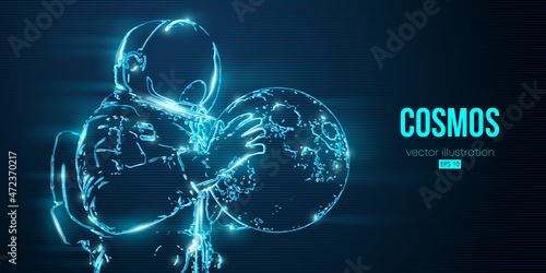 Neon astronaut on the blue background of the moon and space line art. Vector illustration