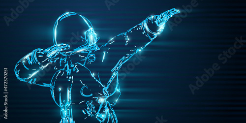 Dancing neon astronaut on the blue background of the moon and space. Vector illustration