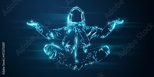 Neon astronaut doing yoga on the blue background of the mars and space. Yoga exercises. Vector illustration