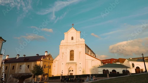 Minsk, Belarus. Monastery Of The Holy Spirit Bazilianok At Sunset. Nemiga Historic District In Old Part Of Minsk. Famous Landmark At Evening photo