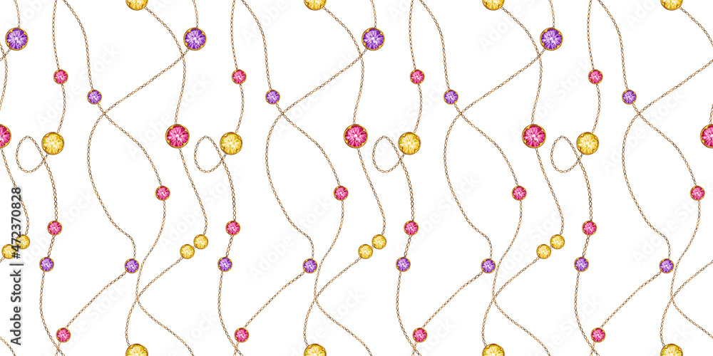 Abstract pattern of gold chains and gems on a white background for wallpaper, fabric, paper, social networks