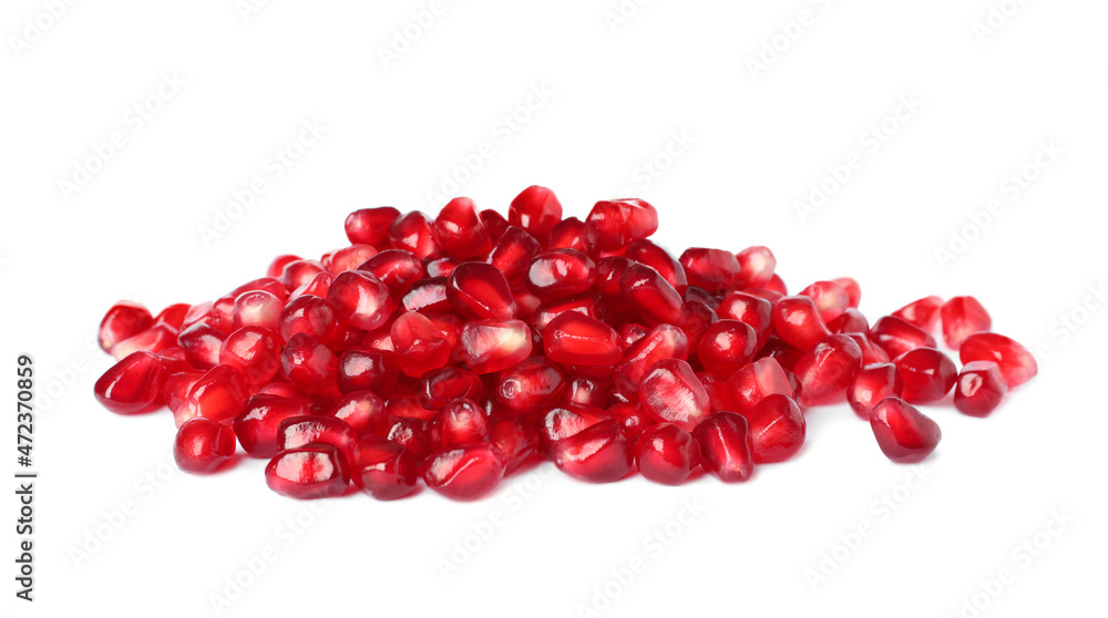 Pile of tasty pomegranate seeds on white background Pile of tasty pomegranate seeds on white background