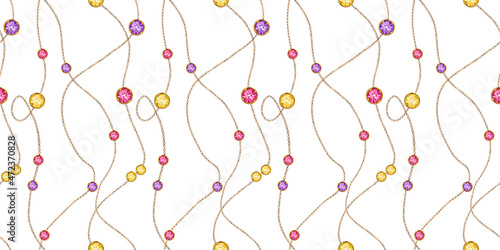 Abstract pattern of gold chains and gems on a white background for wallpaper  fabric  paper  social networks