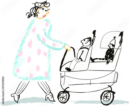 Babysitter Nanny With Children. Cute hand drawn vector illustration