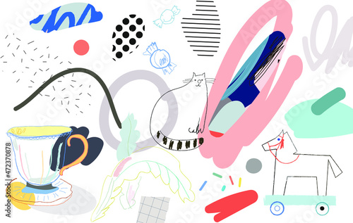 Creative art header with different shapes and textures. Collage. Vector