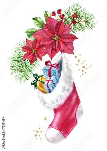 Watercolor stocking with gifts on bouquet with red flowers. Christmas postcard with pine tree, poinsettia, golden glitter foil. Botanical floral illustration for winter holiday cards