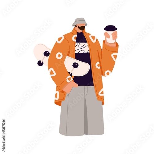 Modern man with coffee to go and skateboard in hands. Young guy in face mask holding takeaway tea cup. Trendy person with cold summer drink mug. Flat vector illustration isolated on white background