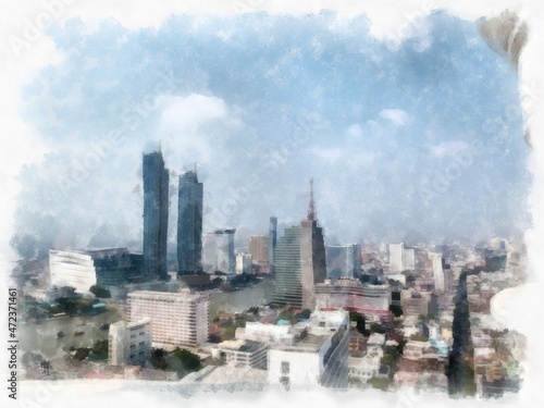 Landscape of tall buildings and streets in Bangkok watercolor style illustration impressionist painting.