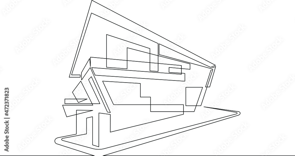 One continuous line.Modern house on the computer screen. Fashionable architecture in the device. House image. Building construction in the gadget. One continuous drawing line logo isolated minimal ill