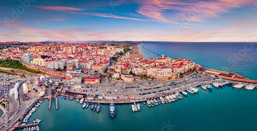 Attractive summer view of Sant'Antonio beach. Spectacular morning cityscape of Termoli port. Splendid sunrise on Adriatic sea. Traveling concept background.