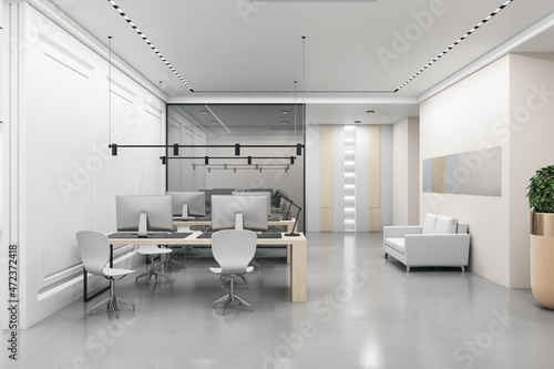Modern concrete coworking office interior with furniture, computers, decorative plant and glass partition. Meeting and workplace concept. 3D Rendering.