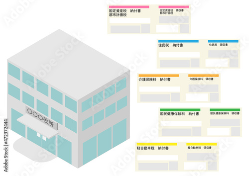 アイソメトリックな役所の建物と納付書