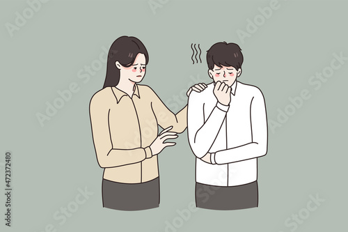 Support and helping hand concept. Young emphatic woman standing touching shoulder of sad depressed man supporting him trying to help vector illustration 