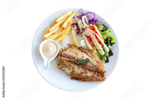 Dolly Fish Steak with salad on white background with clipping path