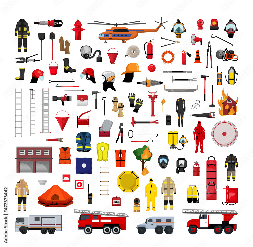Vector collection of detailed fire fighting and rescue equipment. Stock