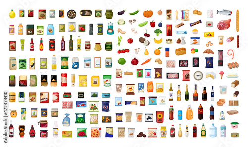 Set of illustrations of foods, drinks, nutritional supplements in a detailed style.