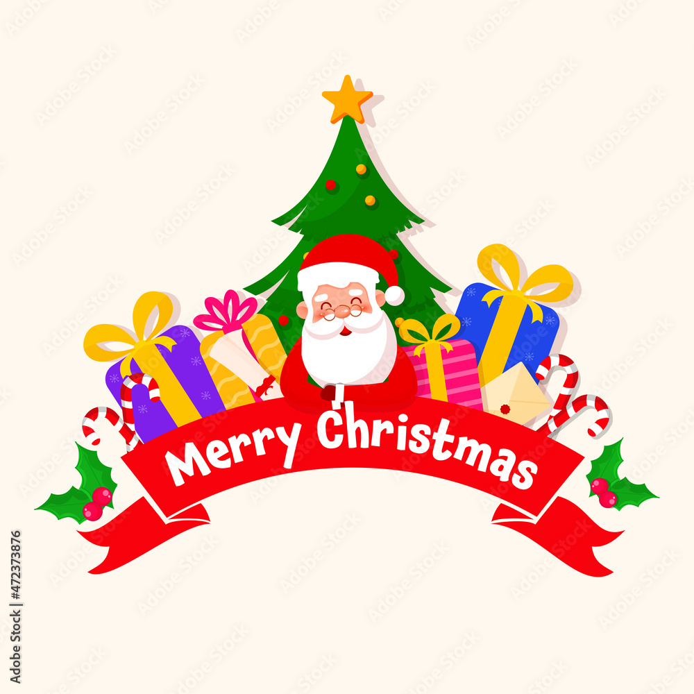 Merry Christmas Ribbon With Cute Santa Claus, Gift Boxes, Candy Canes, Holly Berries And Xmas Tree On Cosmic Latte Background. Merry Christmas Ribbon With Cute Santa Claus, Gift Boxes, Candy Canes, Holly Berries And Xmas Tree On Cosmic Latte Background.