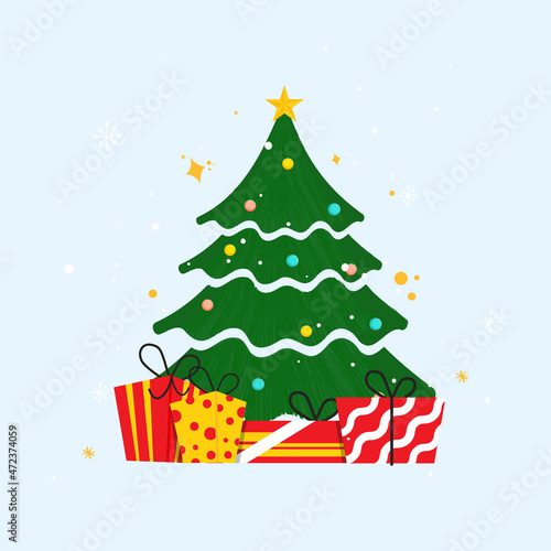 Decorative Xmas Tree With Gift Boxes On Blue Background.
