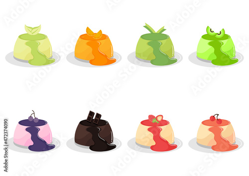 collection of illustrations of puddings of various flavors and toppings