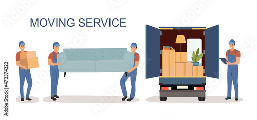Worker checks list and signs document. Workers load boxes and a sofa into a truck. Delivery company. Moving Service. Vector flat style illustration