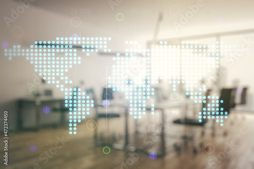Multi exposure of abstract graphic world map on a modern furnished classroom background, big data and networking concept © Pixels Hunter