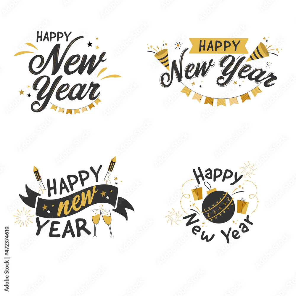 Set Of Happy New Year Font With Exploding Party Popper, Toast Glass, Bauble On White Background.