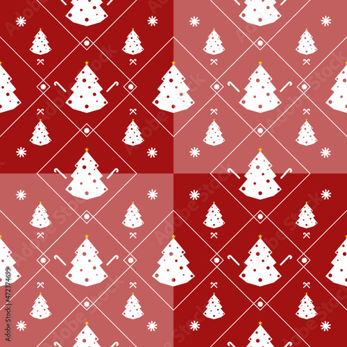 Christmas seamless pattern with Christmas tree on red  pink Background.