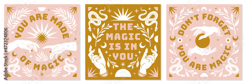 Boho mystical posters with inspirational quotes about energy, magic and good vibes in trendy bohemian style.