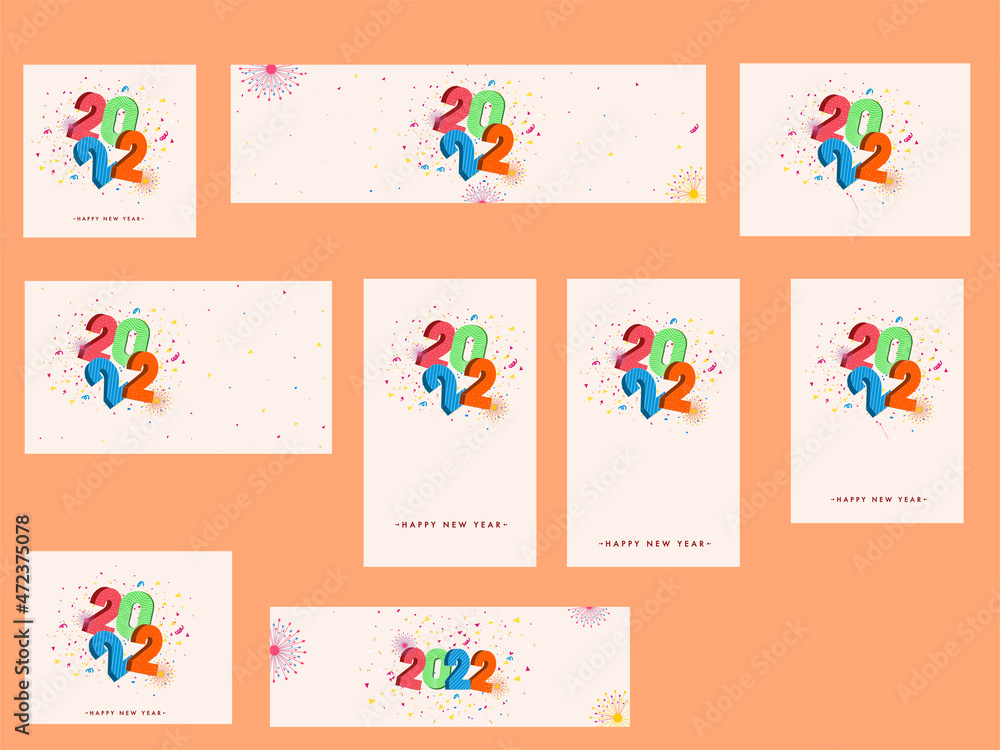 Social Media Template And Banner Collection With 3D Colorful 2022 Number On Confetti Fireworks Background. Social Media Template And Banner Collection With 3D Colorful 2022 Number On Confetti Fireworks Background.