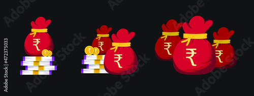 Money bag. Set of 3 India rupee bag in red color on black background. Different style currency bag vector illustration.